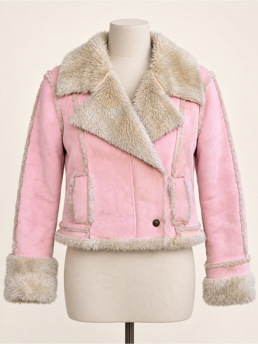 Southpole Pink Faux Shearling Jacket XL Y2K Cropped Fur Trim Coat